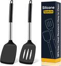2 Pack Silicone Spatula Set, Solid & Slotted Turner for Non-Stick Pans, High Heat Resistant Silicone Spatula for Cooking, BPA-Free Stainless Steel Cooking Utensils for Fish, Eggs, Pancakes, Black