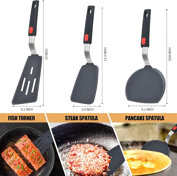 Silicone Spatula Turner Set of 3, 600°F Heat Resistant Cooking Spatulas for Nonstick Cookware, Large Flexible Kitchen Utensils, BPA-Free Rubber Spatula Set for Egg, Pancake, Fish, and Burger