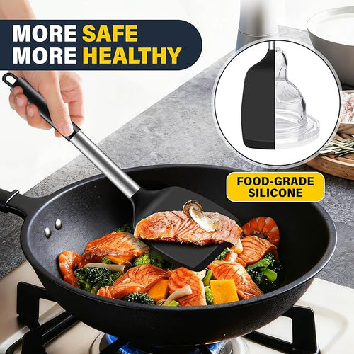 2 Pack Silicone Spatula Set, Solid & Slotted Turner for Non-Stick Pans, High Heat Resistant Silicone Spatula for Cooking, BPA-Free Stainless Steel Cooking Utensils for Fish, Eggs, Pancakes, Black