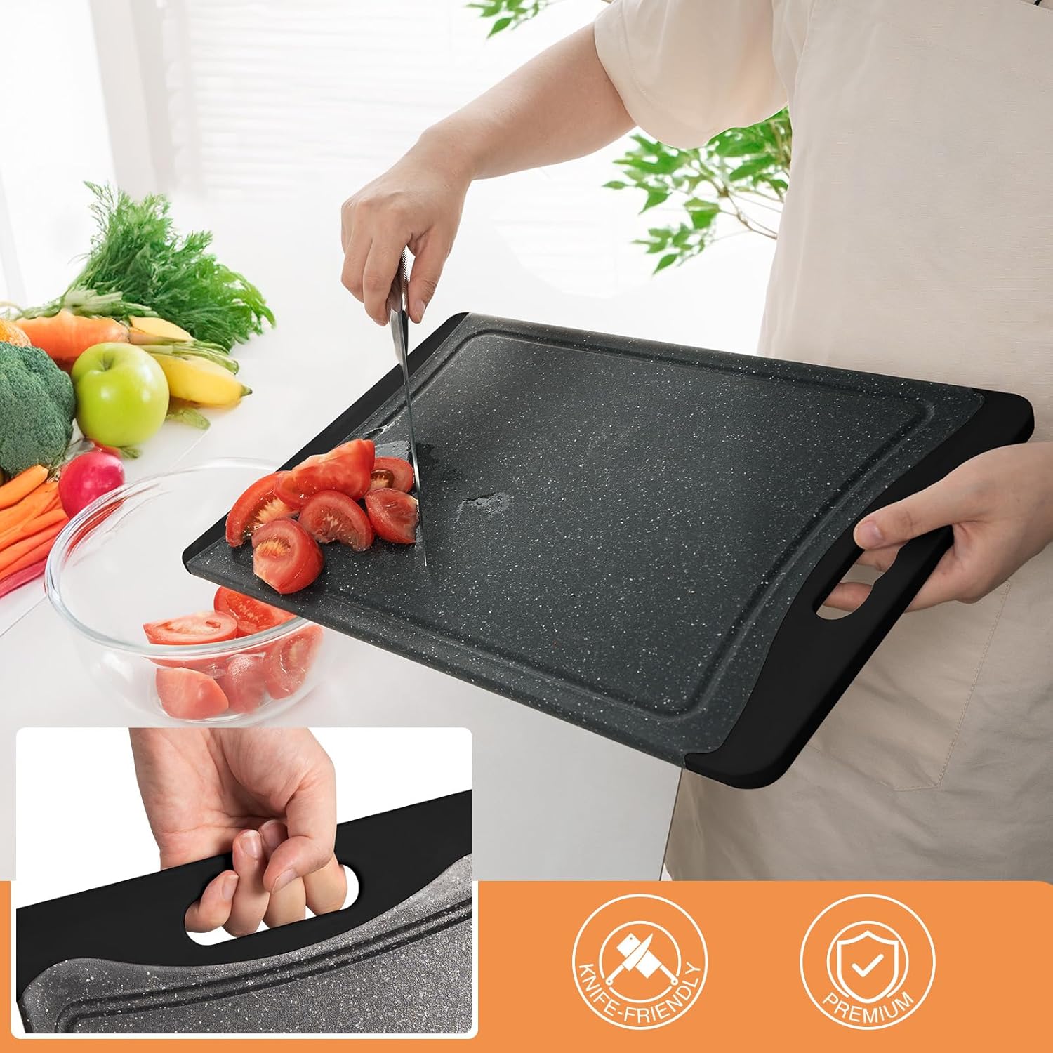 Extra Large Cutting Boards, Plastic Cutting Boards for Kitchen (Set of 3) Cutting Board Set Dishwasher Chopping Board with Juice Grooves Easy-Grip Handles, Dark Grey