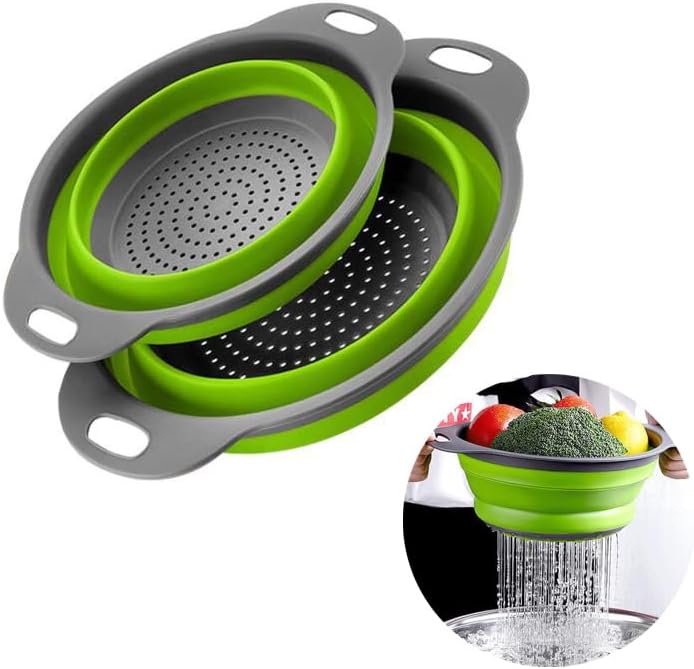 2 Pack Collapsible Colander Set, Emptycolor Foldable Collapsible Strainers for Kitchen, Small Round Colander with Base and Handles for Pasta, Fruit, Vegetables