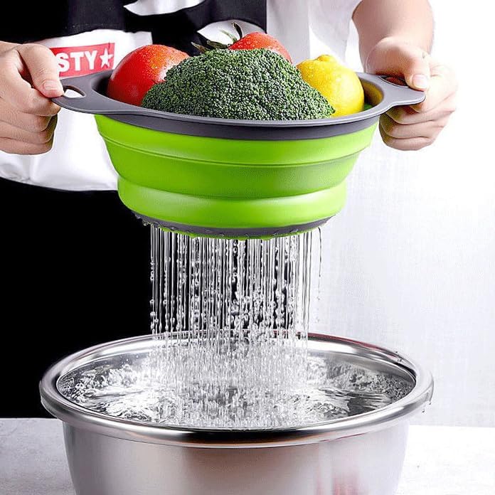 2 Pack Collapsible Colander Set, Emptycolor Foldable Collapsible Strainers for Kitchen, Small Round Colander with Base and Handles for Pasta, Fruit, Vegetables